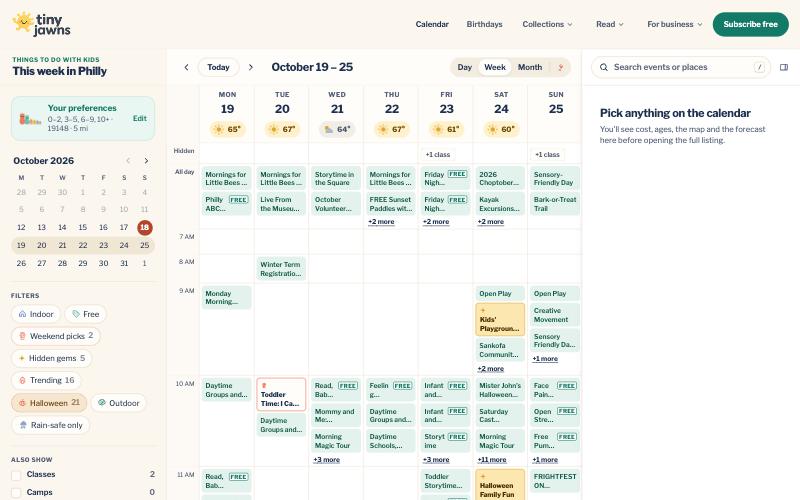 The TinyJawns calendar on a desktop, week view, with filters, the weather and the Halloween filter on