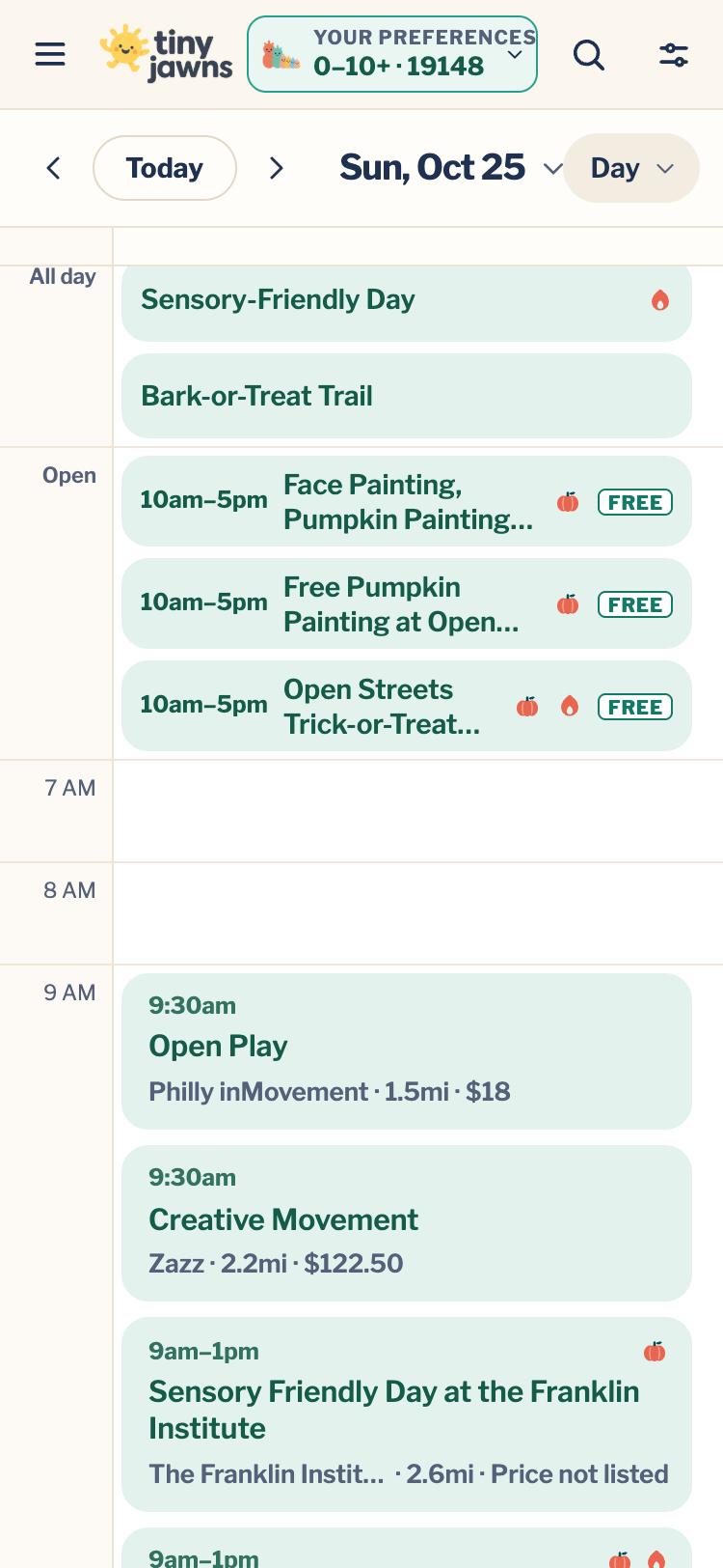 The new TinyJawns calendar on a phone, day view