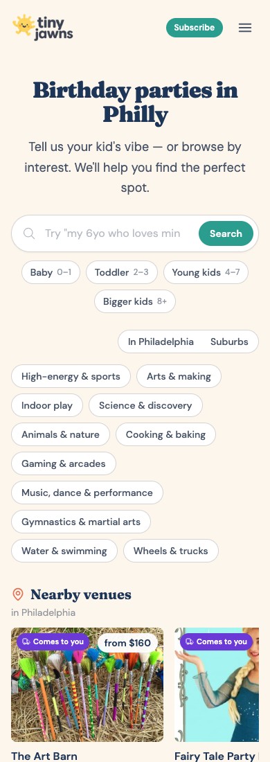 The top of the old TinyJawns birthday page on a phone, with 17 filter pills before the first venue
