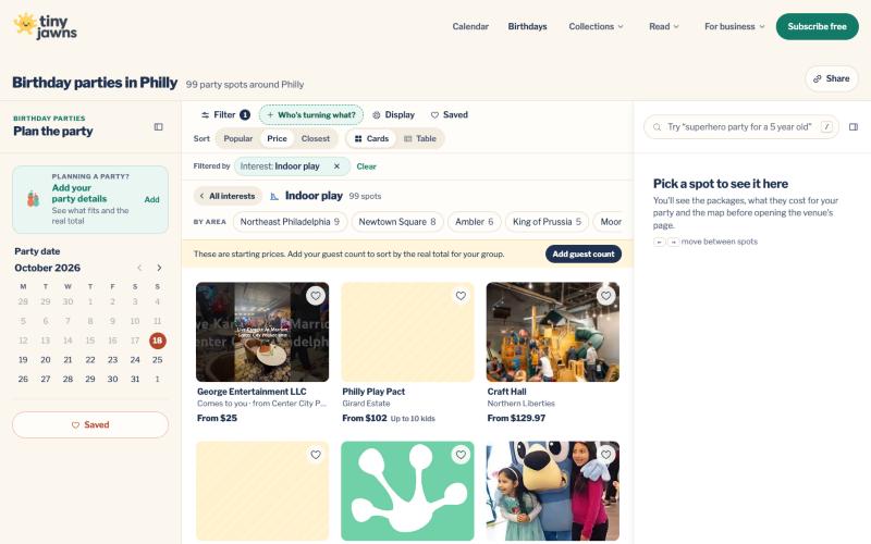 The TinyJawns party finder in card view with photos and category colors