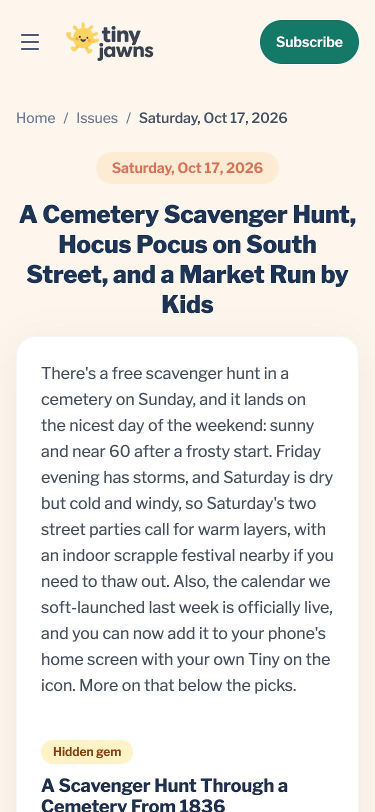 A recent TinyJawns newsletter issue on a phone