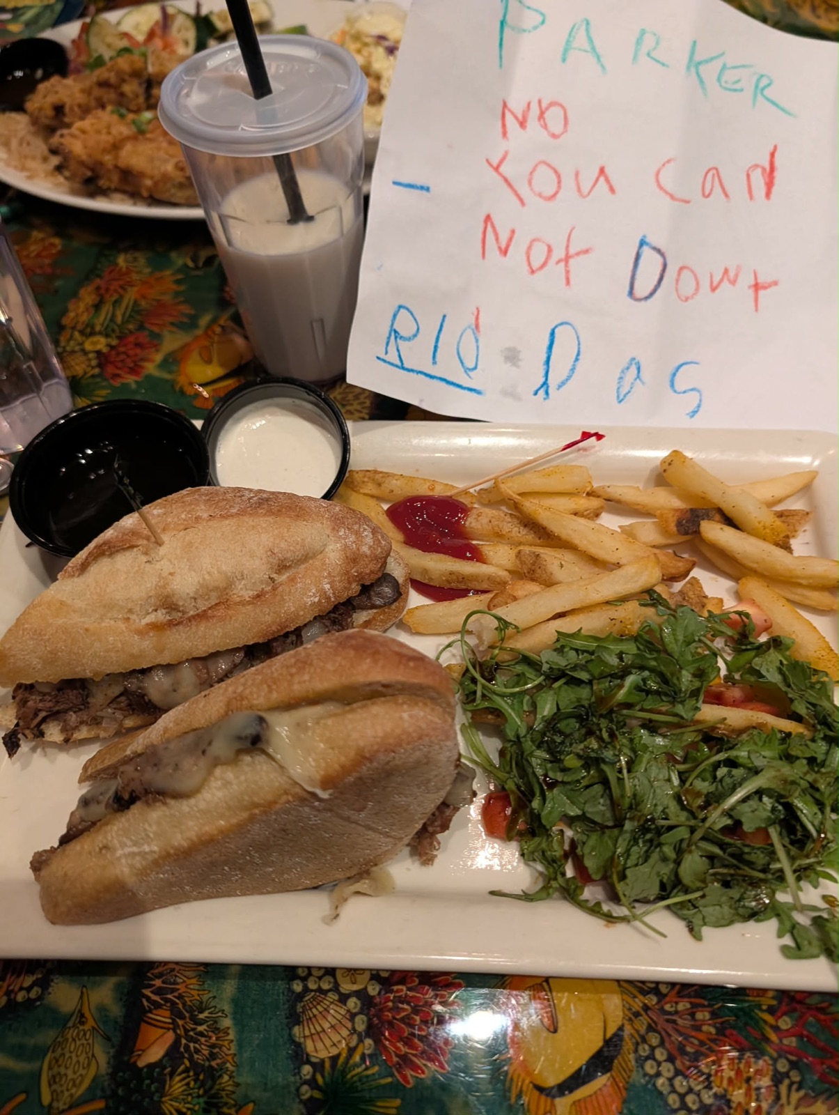 The Bamba roast beef sandwich at Rainforest Cafe with Charlotte's drawing