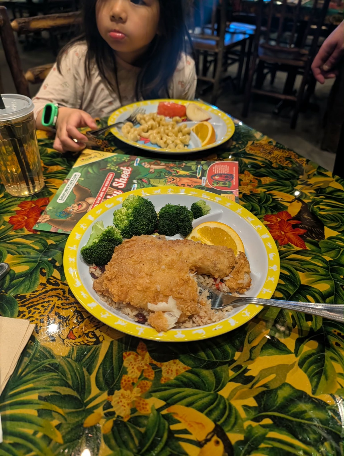 Kids meal at Rainforest Cafe with chicken, broccoli, and mac and cheese