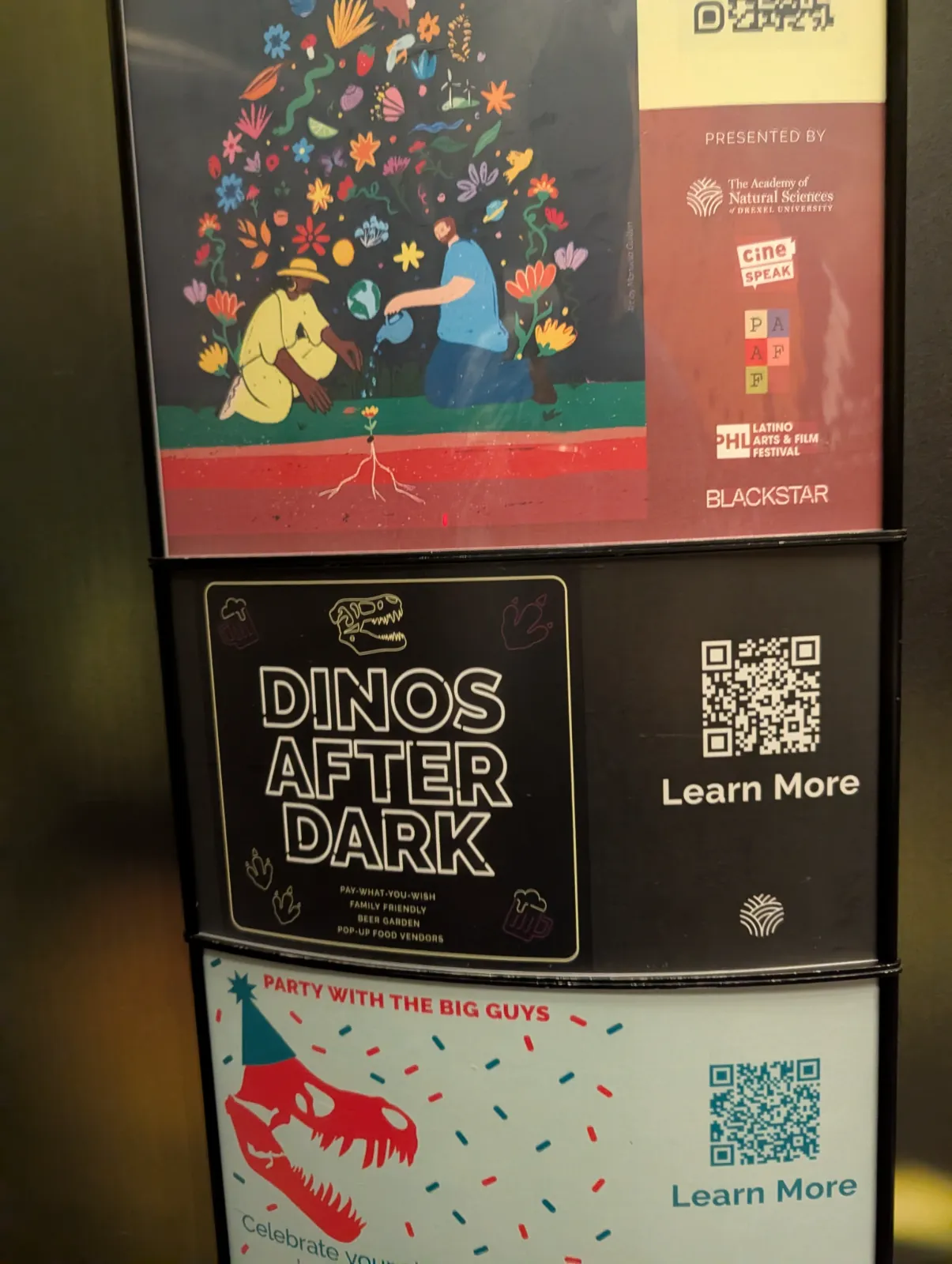 Event flyer for Dino After Dark at the Academy of Natural Sciences showing upcoming dates and details