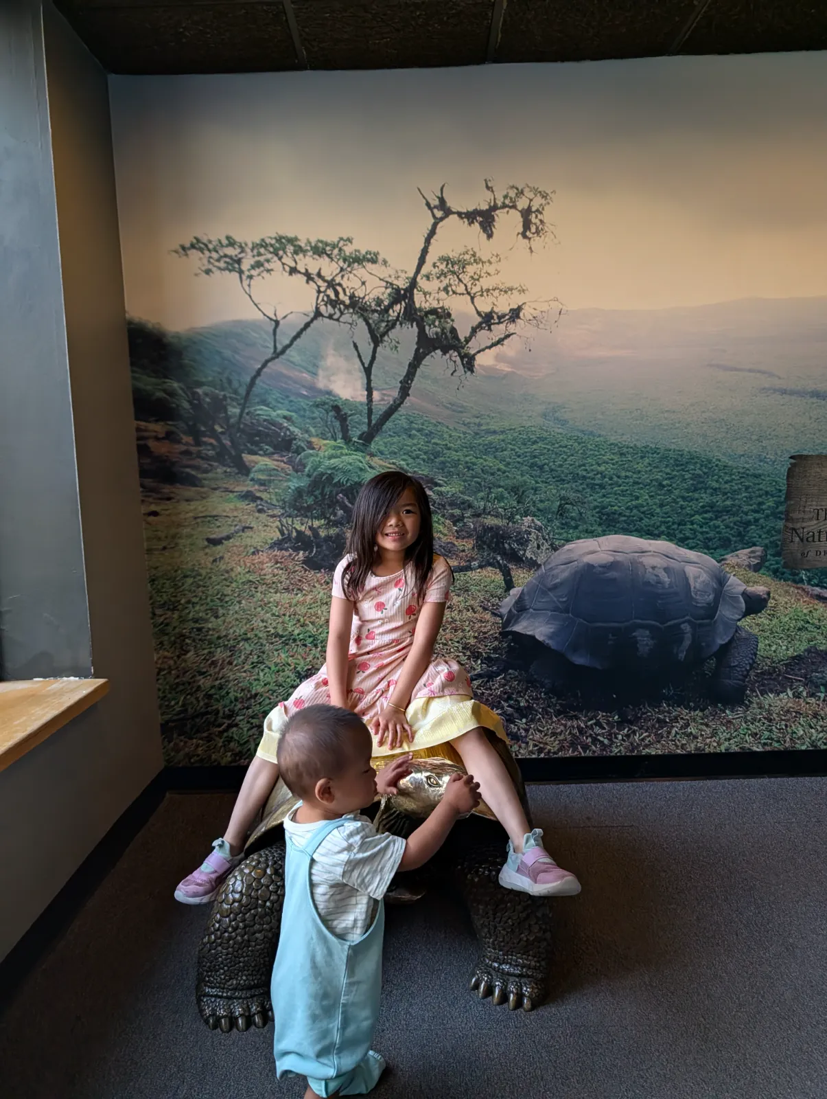 Kids posing on a turtle sculpture in the outdoor area