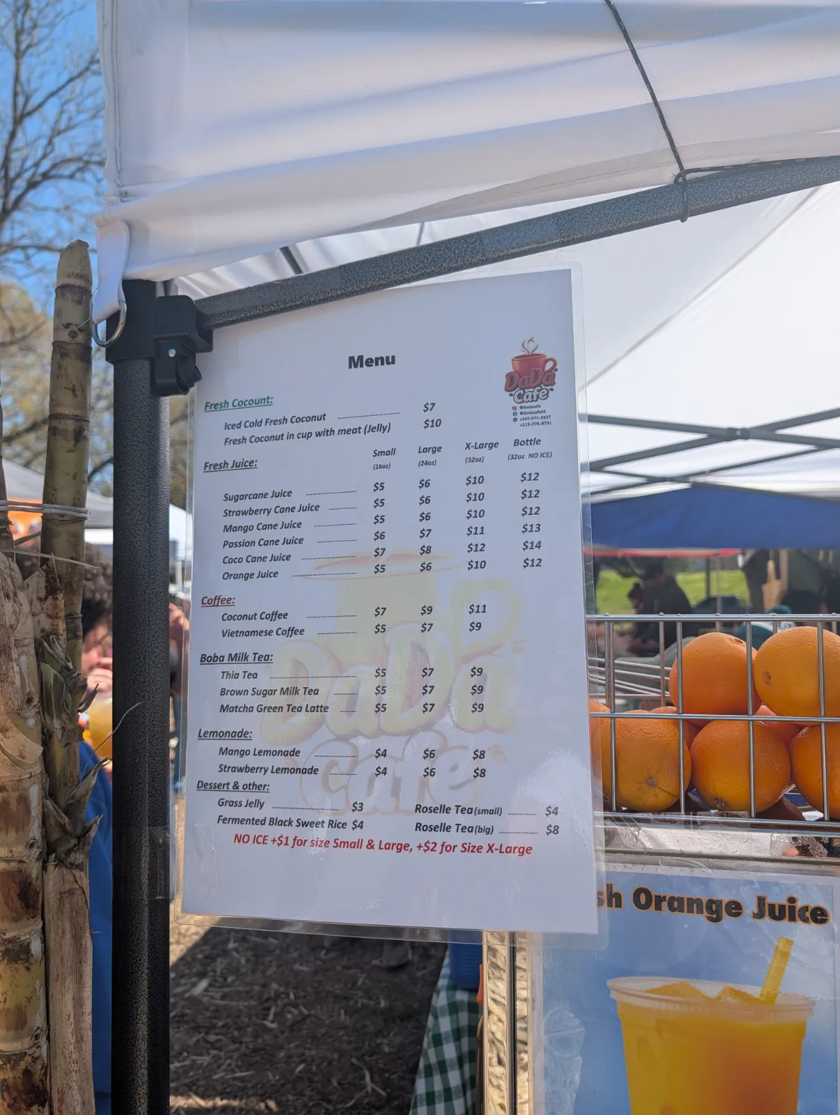 Dada's Cafe menu board at the Southeast Asian Market