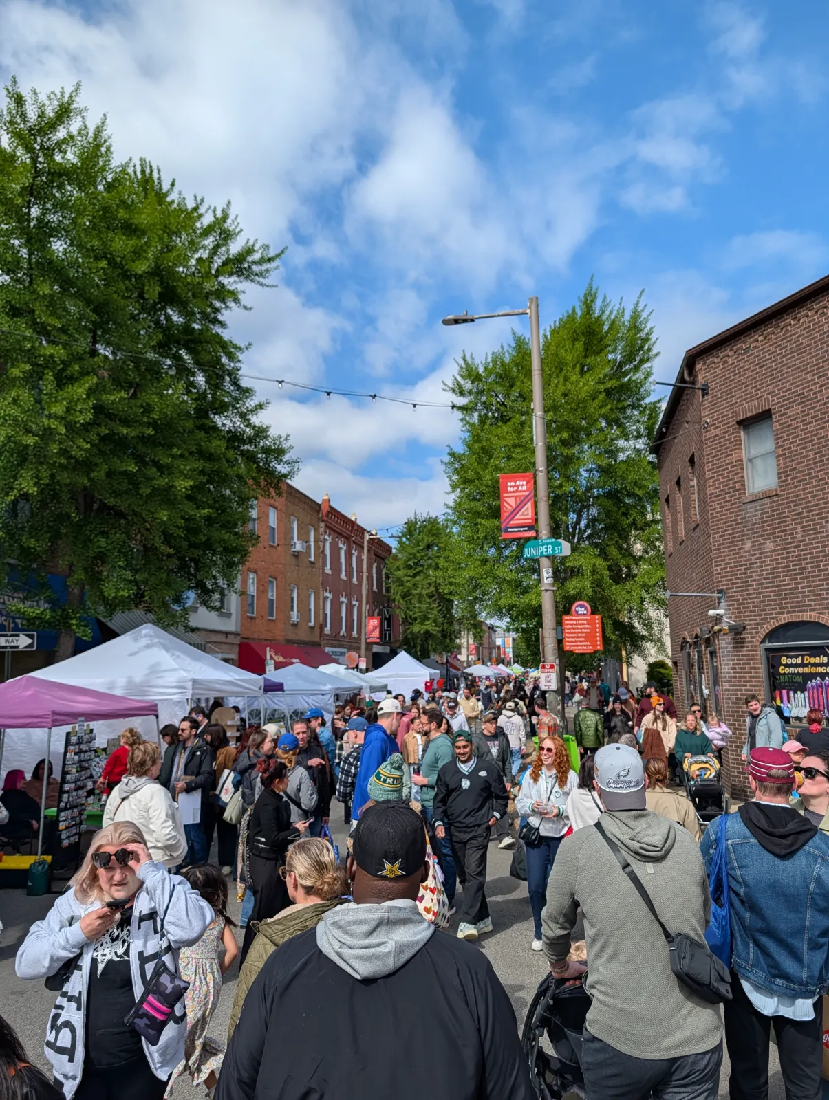 The bustling avenue filled with families enjoying Flavors on the Avenue under blue sky