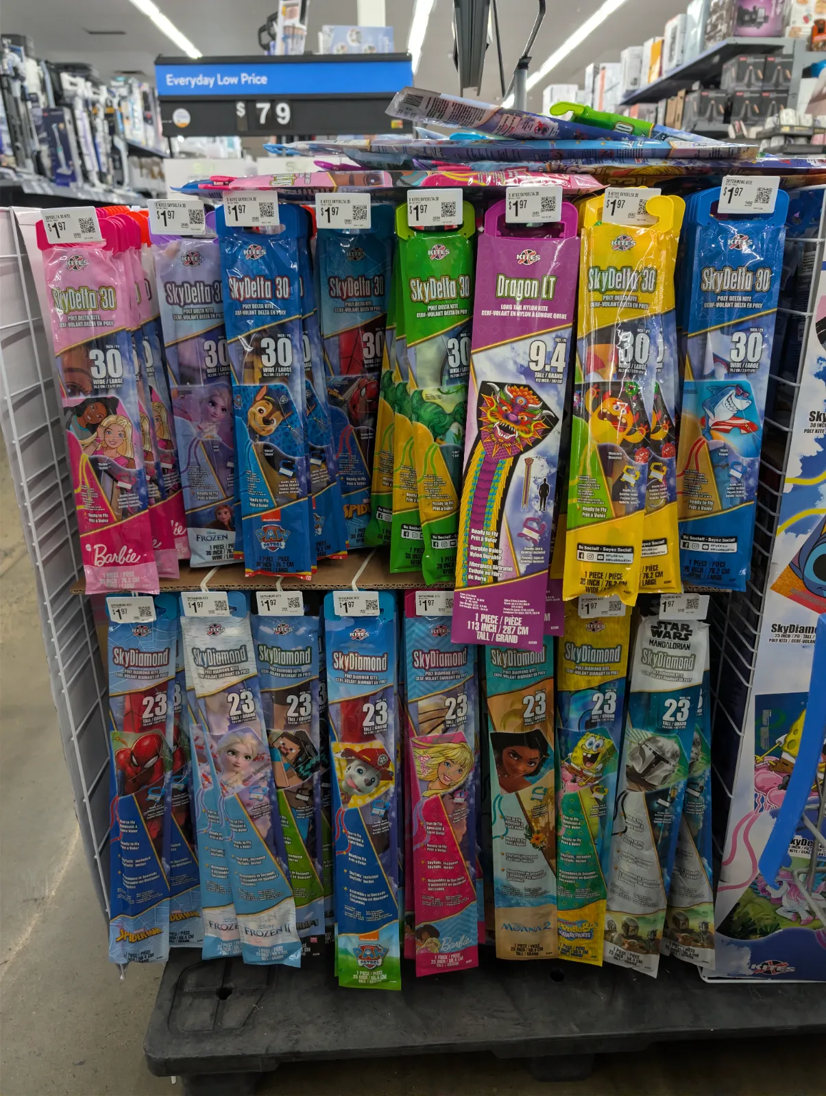 Display of colorful licensed character kites perfect for Easter egg hunt grand prizes