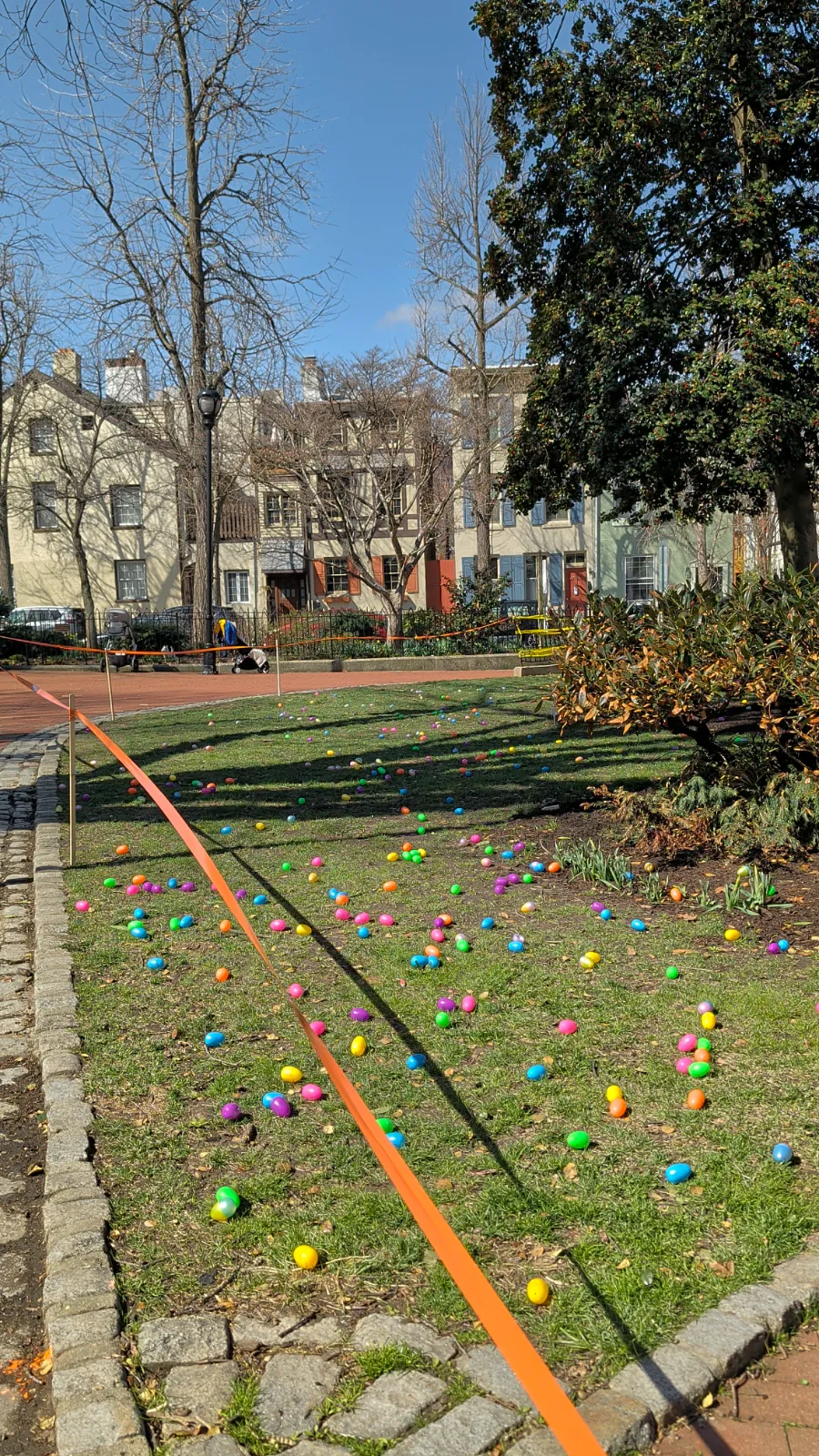 Colorful plastic eggs scattered across a grassy park area set up for an Easter egg hunt