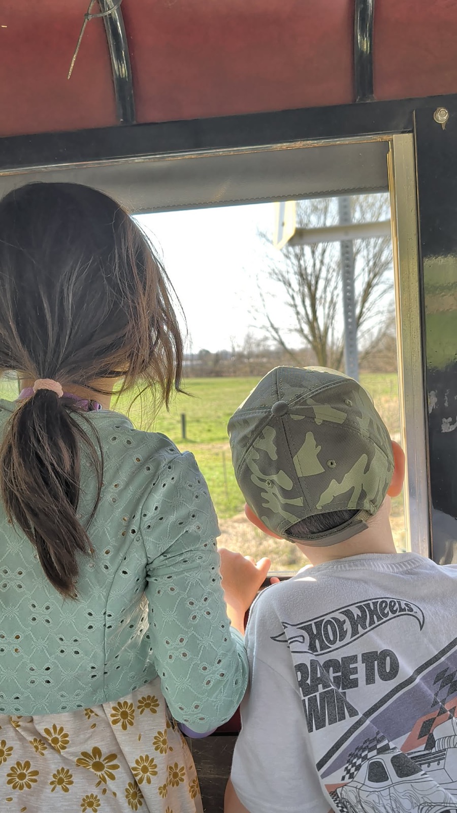 Charlotte and friend looking out the buggy window at Lancaster farmland