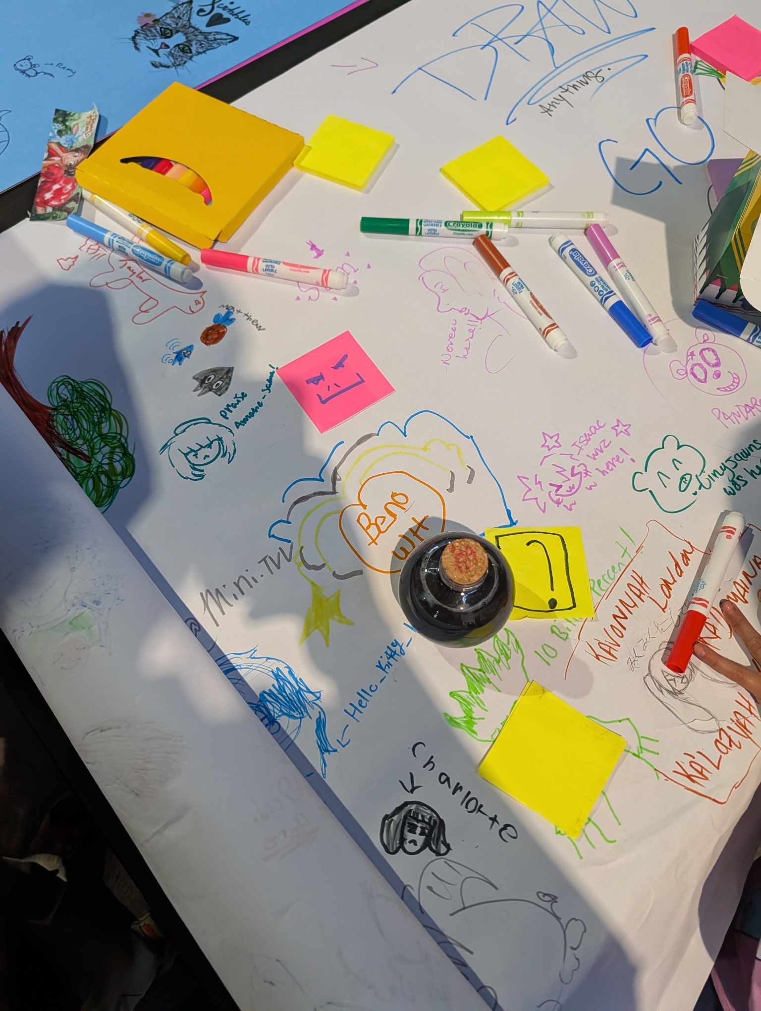 Close-up of kids artwork at the drawing station