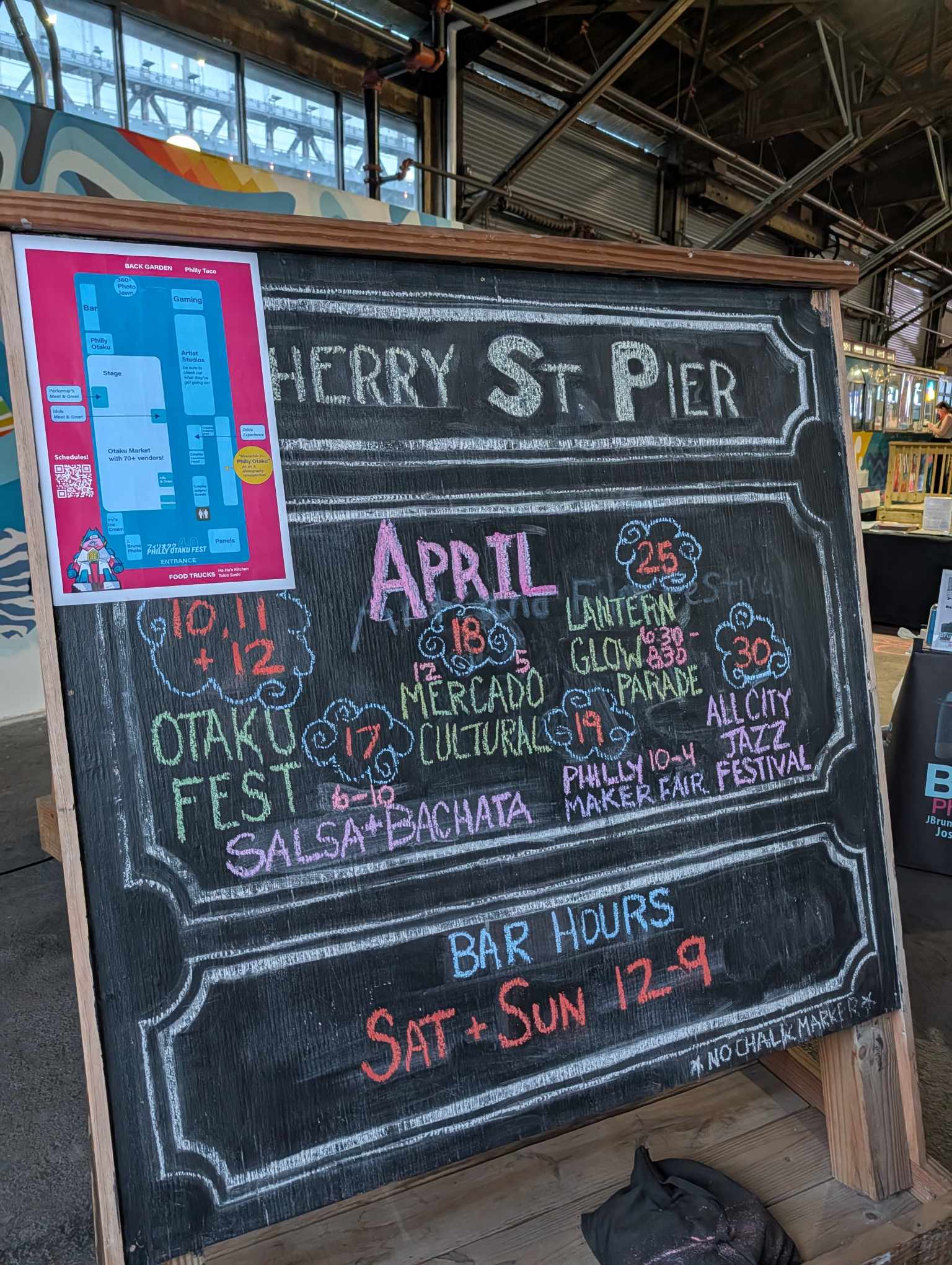 Cherry Street Pier events chalkboard at the entrance for Otaku Fest 4.0