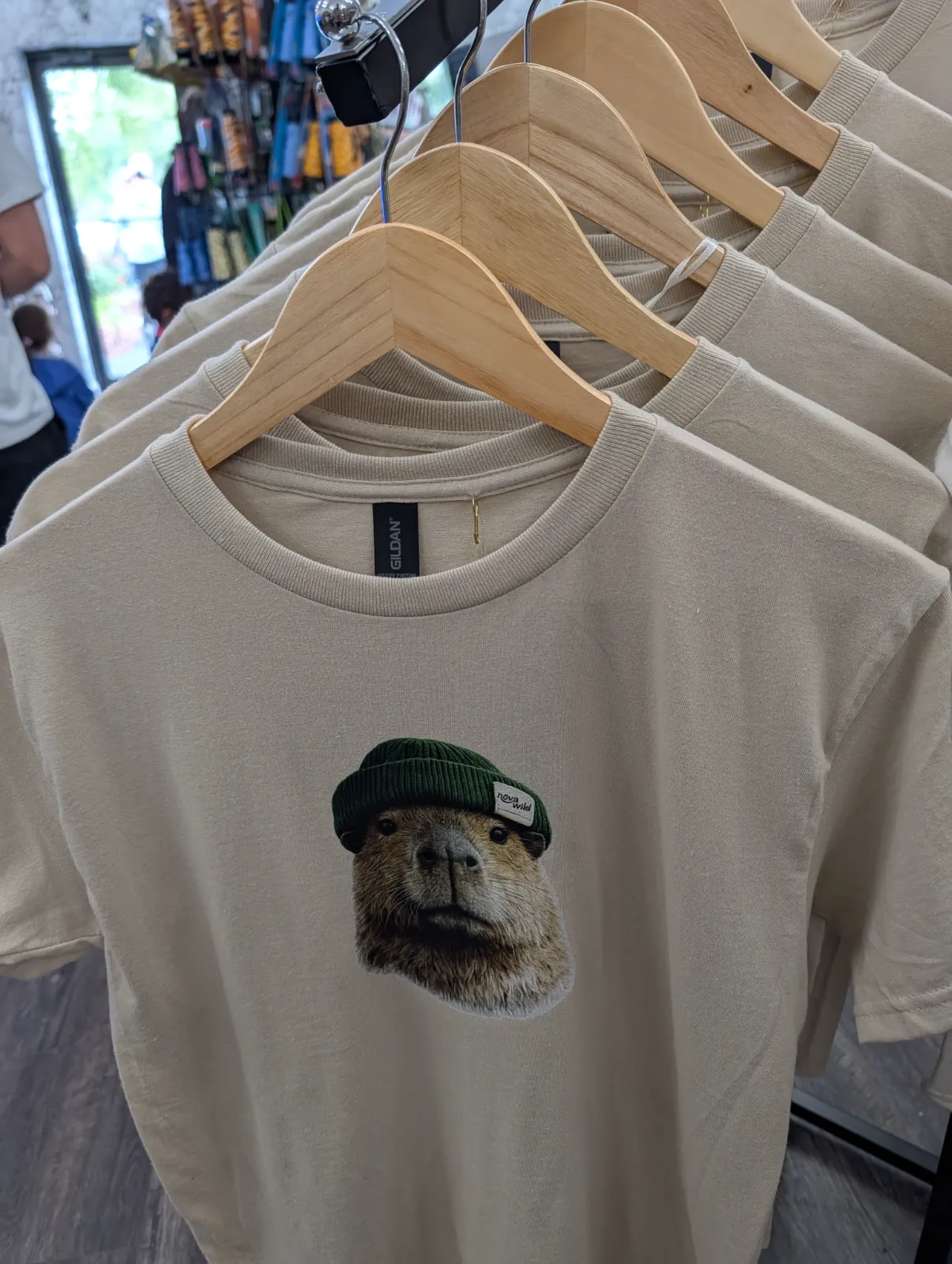 Beige t-shirt with otter graphic wearing a green beanie on wooden hangers