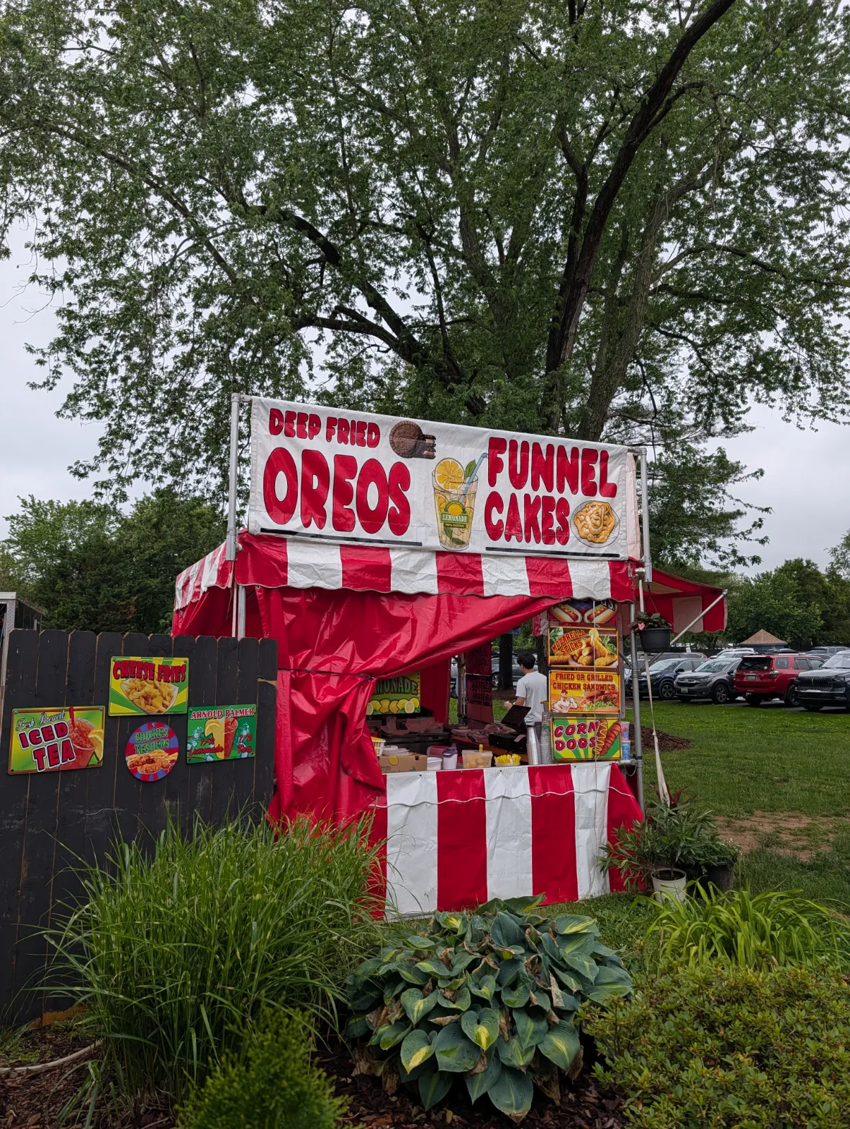 Food stand offering deep-fried Oreos and funnel cakes near the zoo entrance