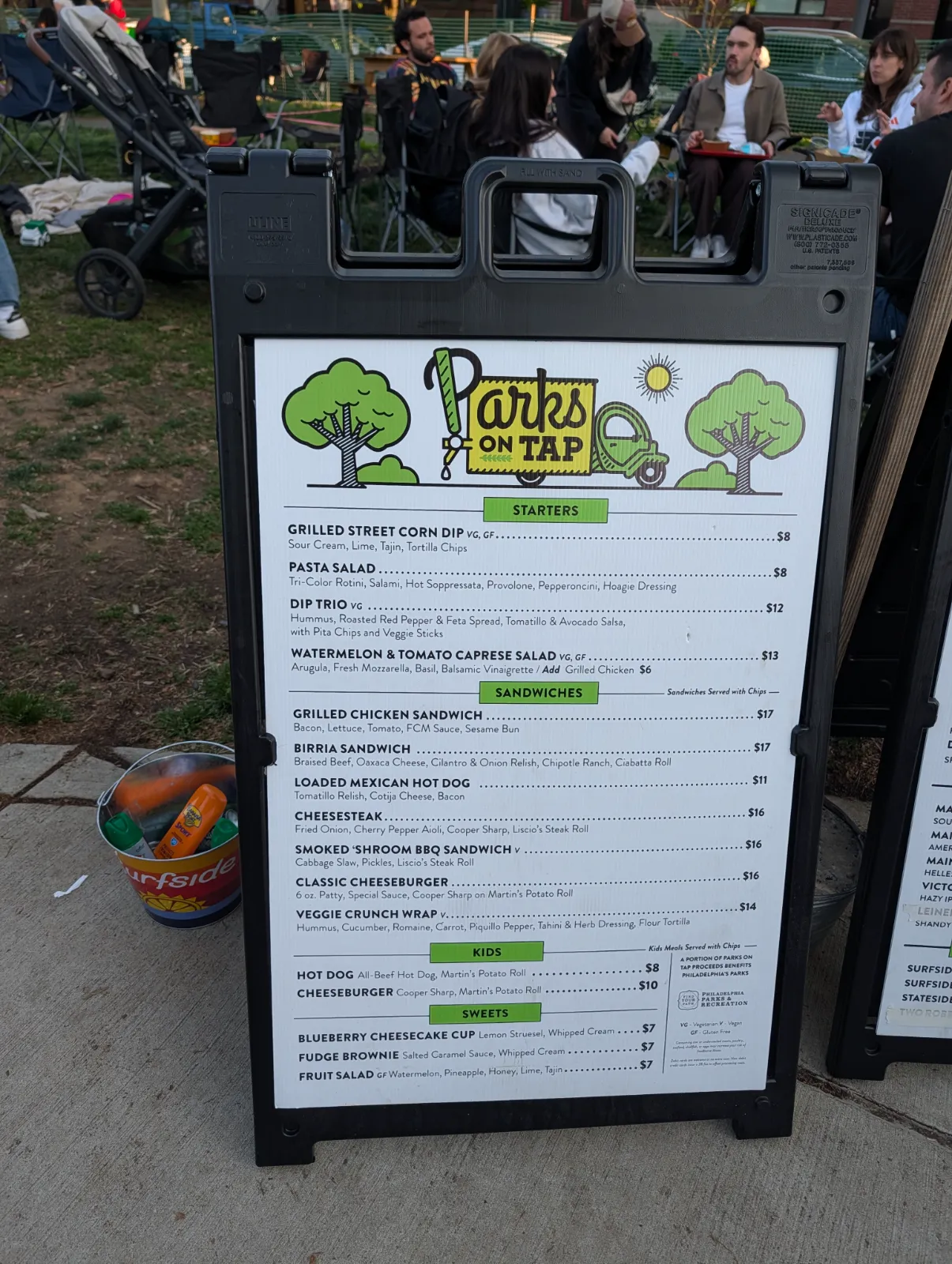 Parks on Tap food menu showing starters, sandwiches, kids meals, and sweets