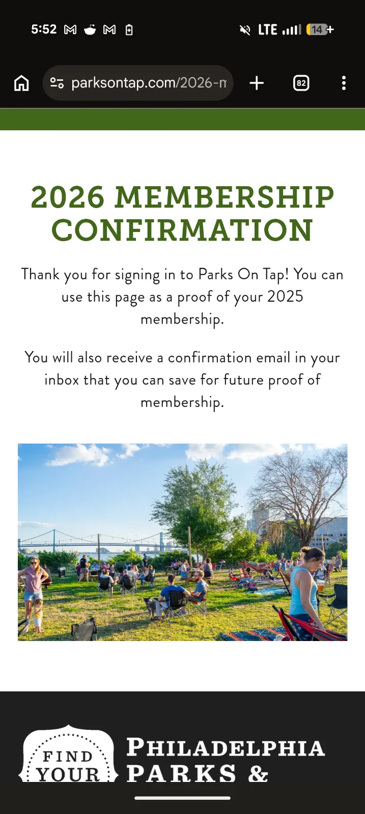 Parks on Tap membership confirmation screen