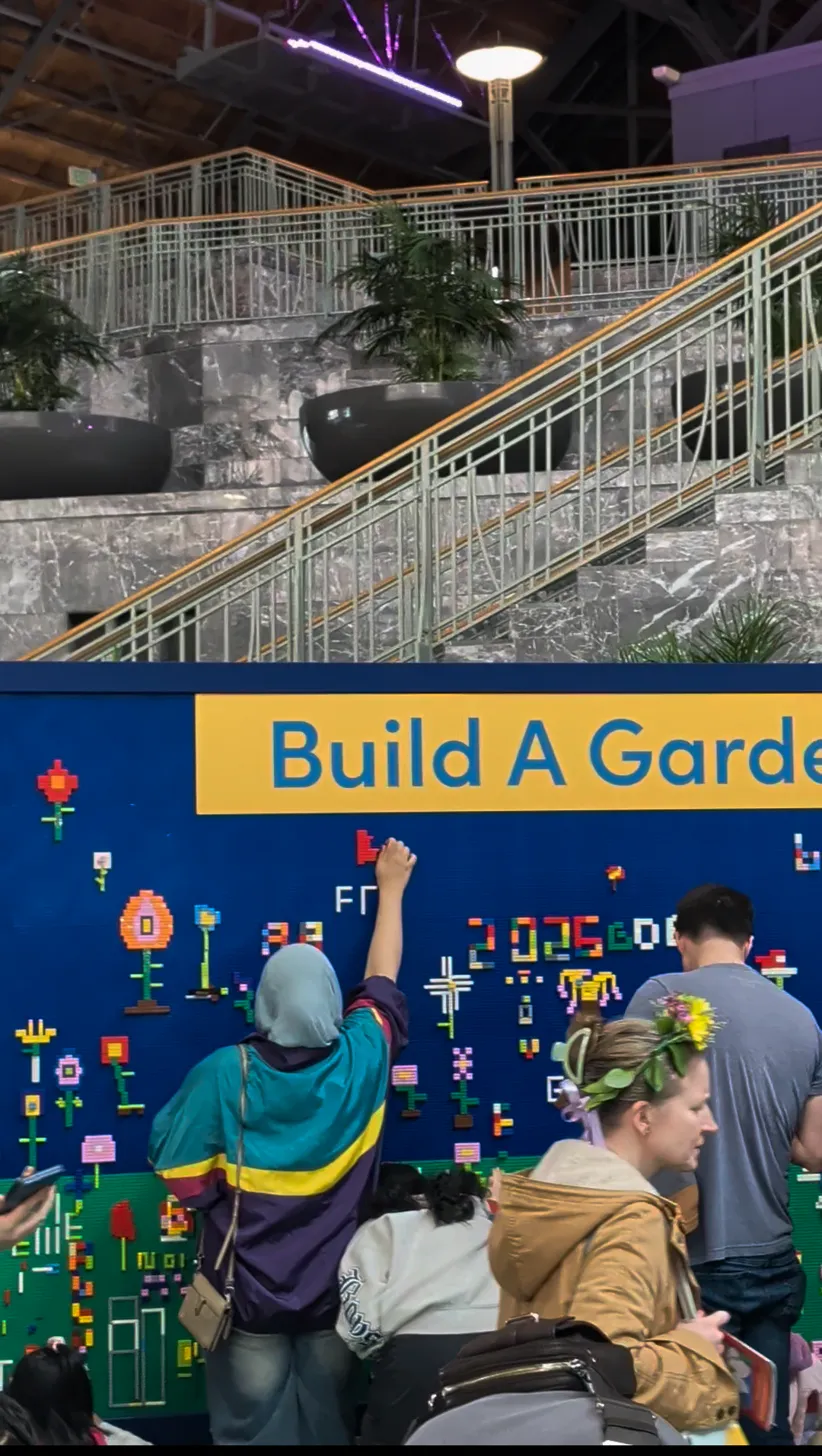 Build A Garden Lego wall at the Philly Flower Show with kids and adults building flower designs