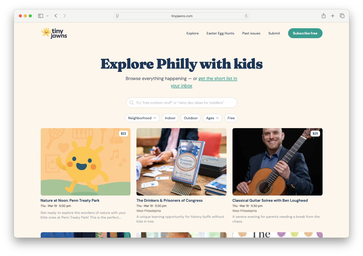 The current TinyJawns homepage with a clean editorial design
