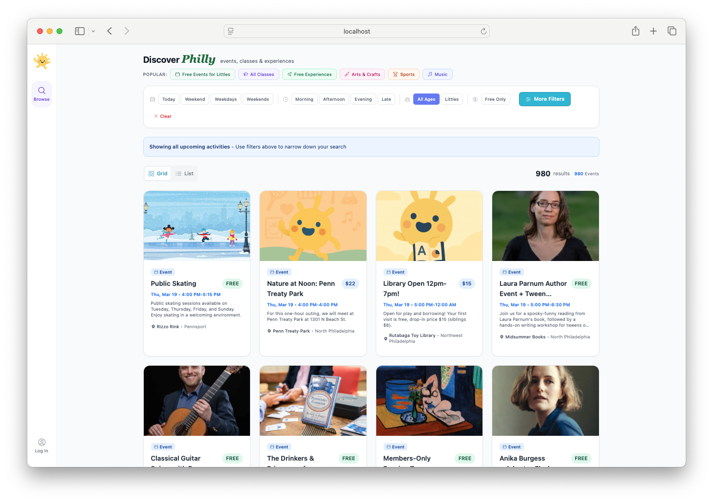 The redesigned TinyJawns explore page with grid layout and filter chips