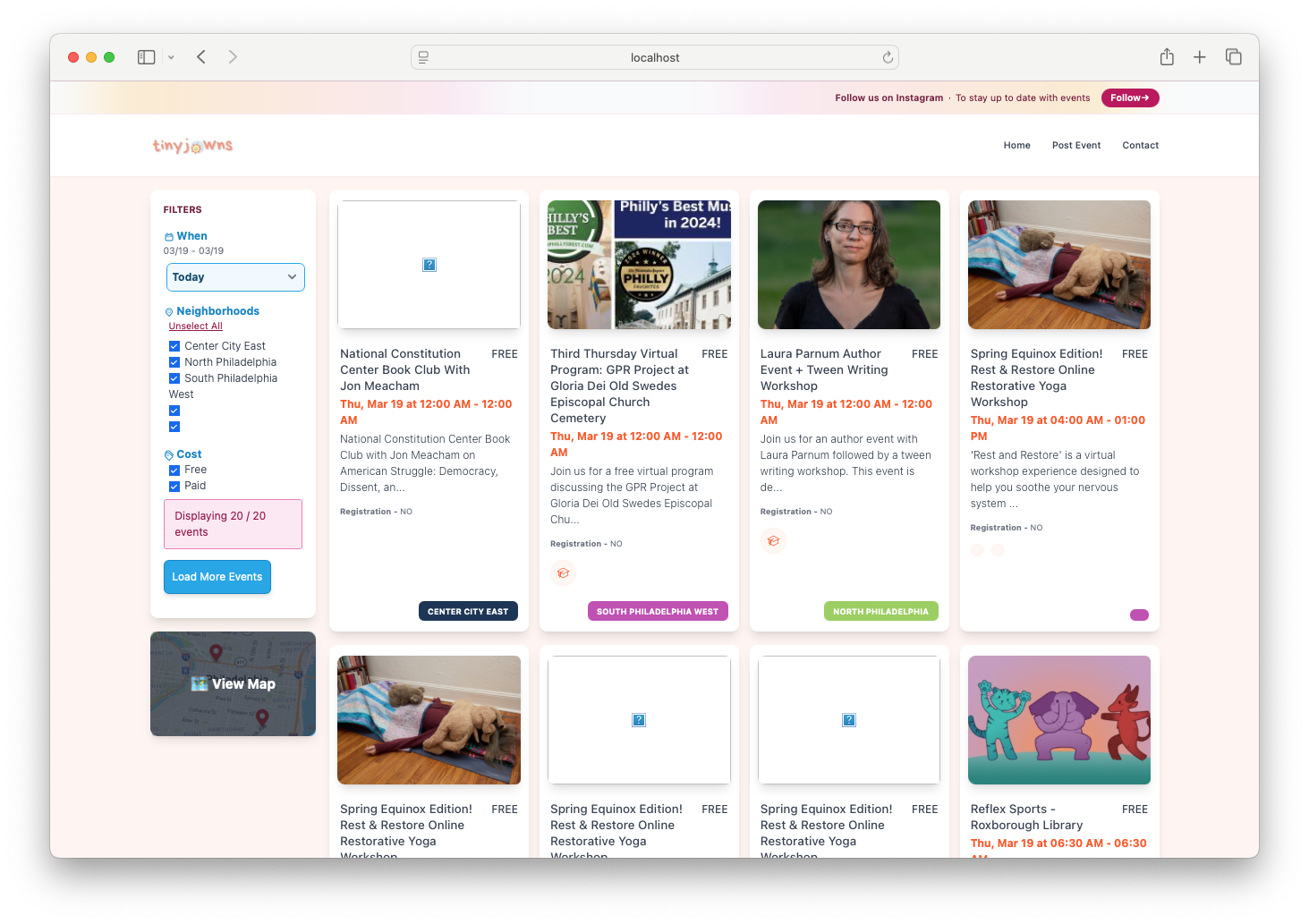 The original TinyJawns website with sidebar filters and event cards